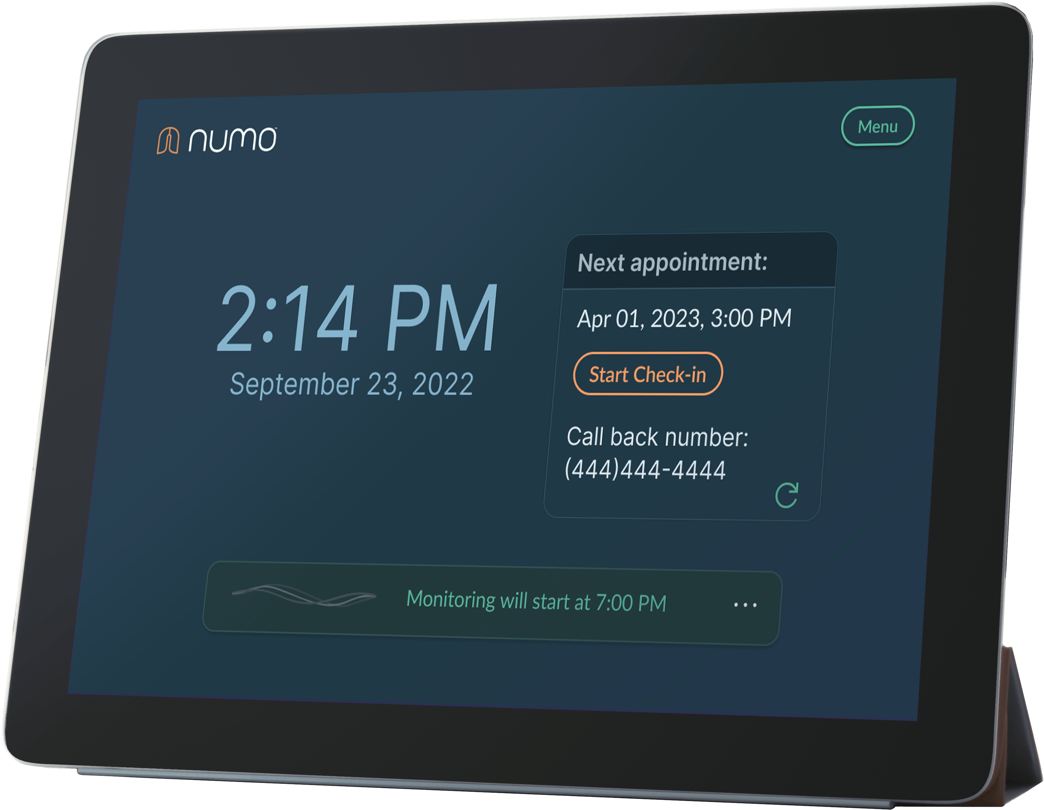 Numo patient tablet interface showing the next appointment, check-in action, callback number, and overnight monitoring status