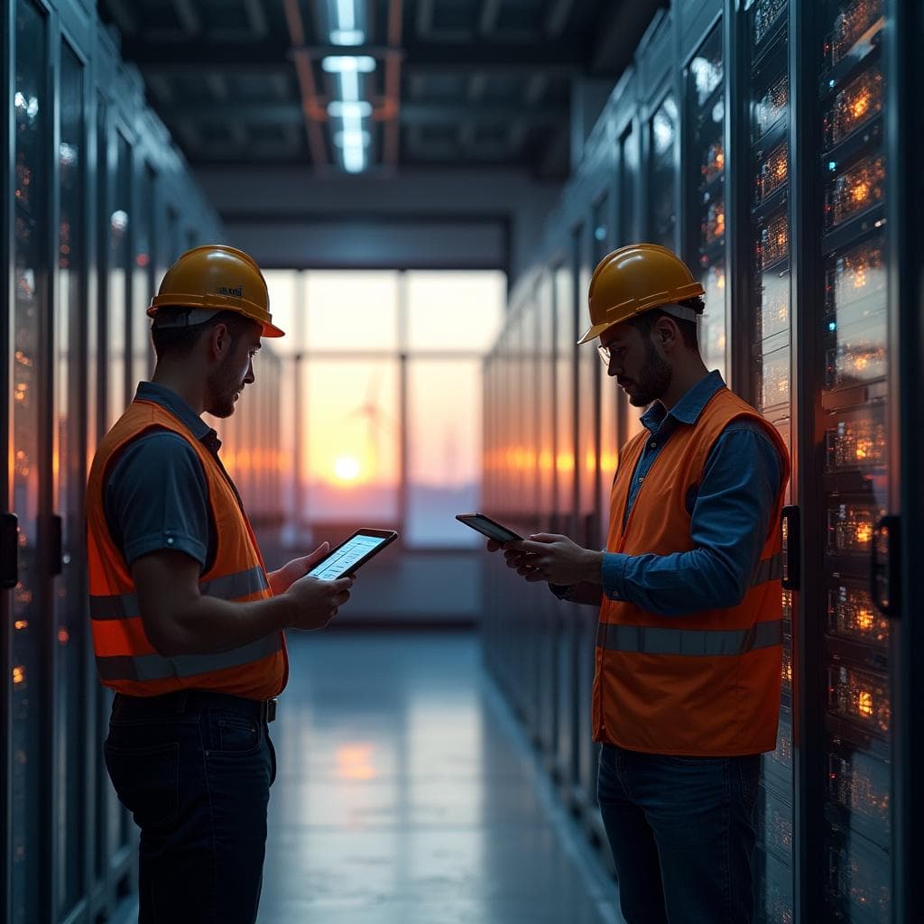 People working with infrastructure in warm sunset light