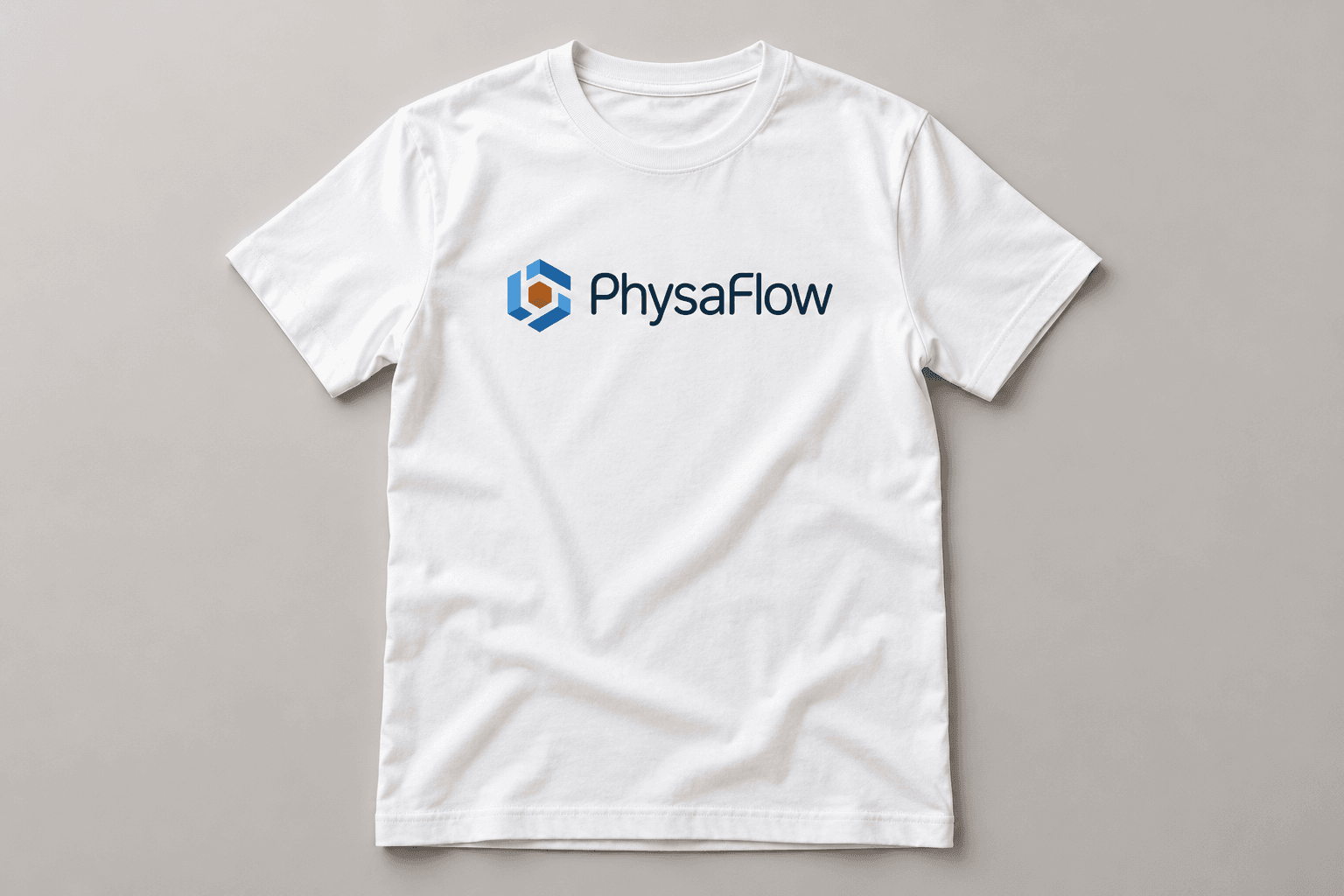White cotton T-shirt with the blue, copper, and navy PhysaFlow logo printed across the chest
