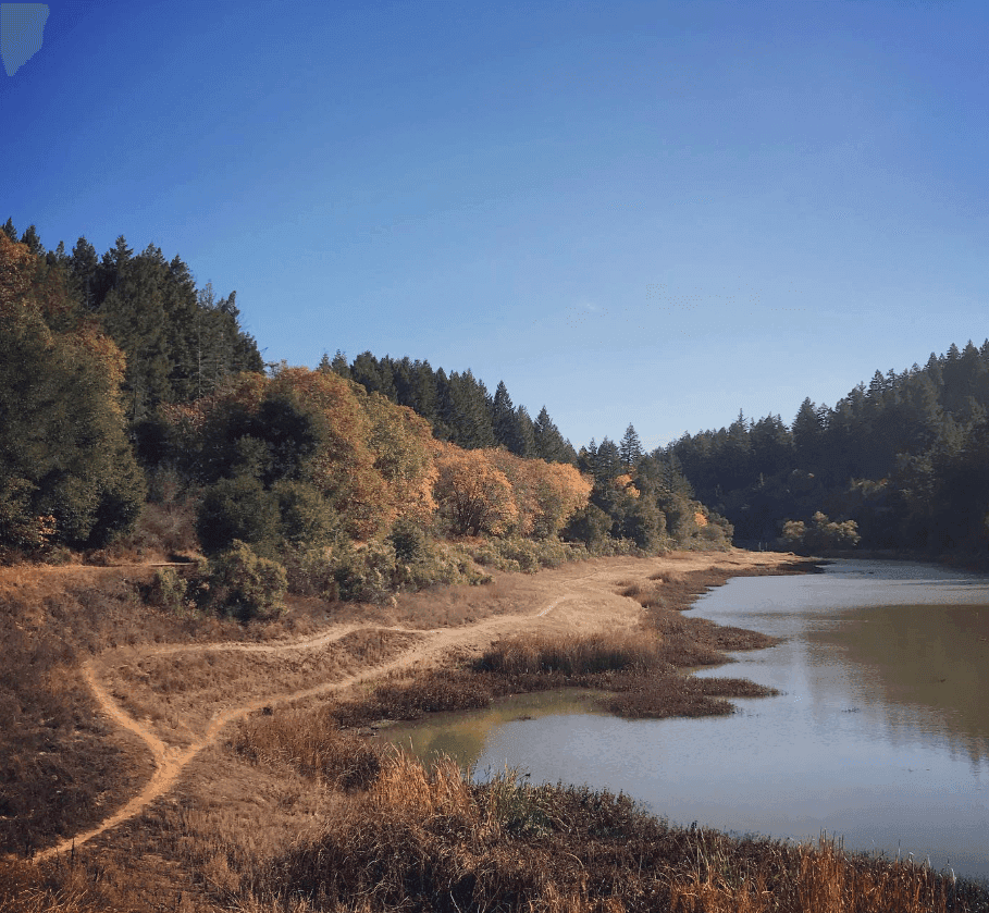 A dirt path follows a quiet body of water bordered by wooded hills.