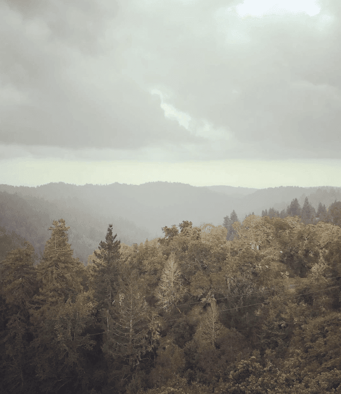 Sunlight filters through clouds above forested ridges.
