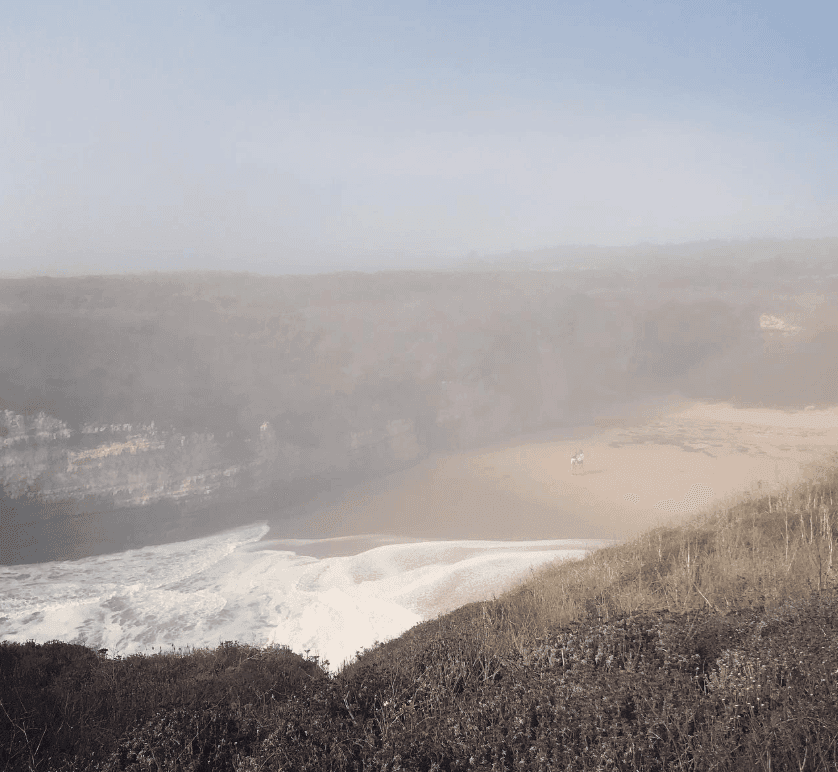 Fog softens a sheltered sandy beach and the surrounding coastal cliffs.