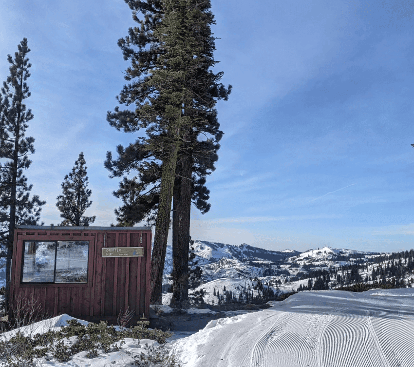A small wooden cabin stands beside a groomed snowy trail and tall pines.