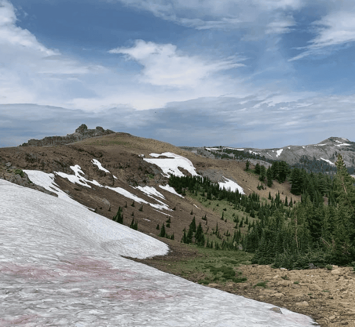 Patches of snow remain on rocky mountain slopes above a green valley.
