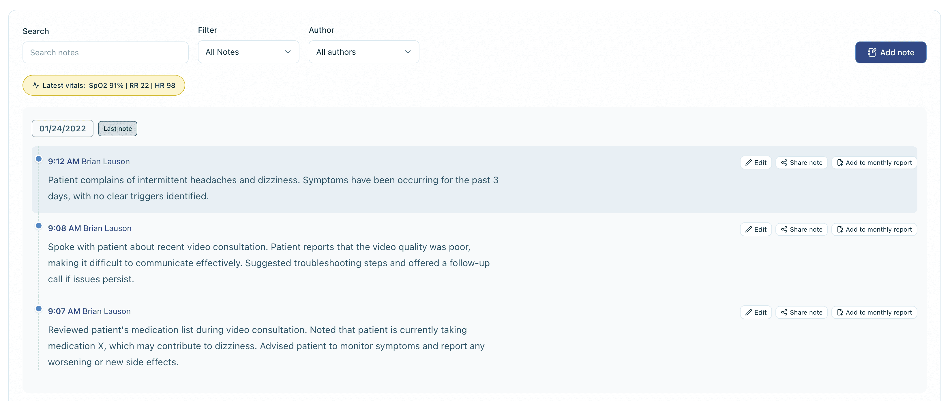 Clinical notes interface showing documentation patterns and structured care notes