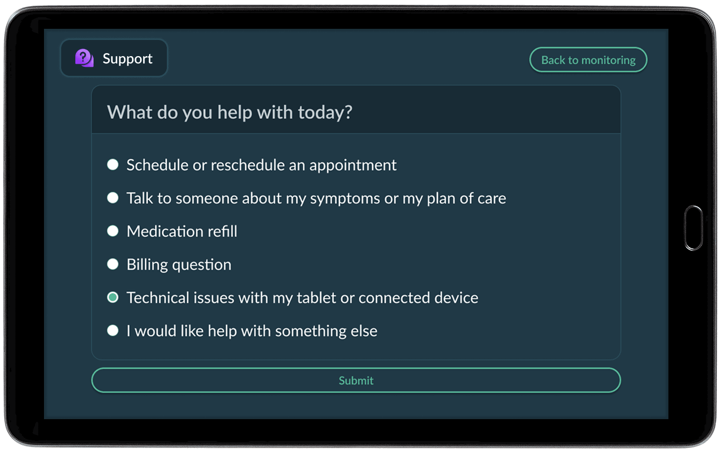 Tablet support screen for Curie patients