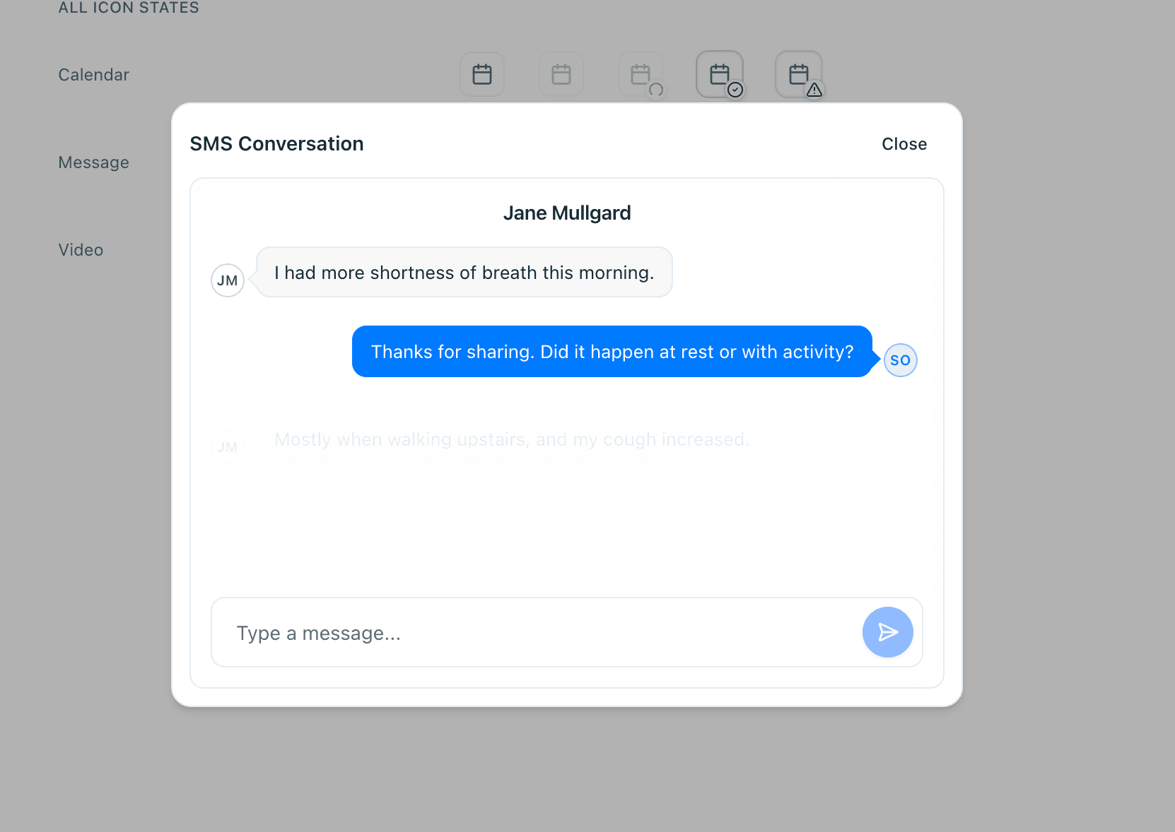 Clinical messaging patterns connected to alerts and row actions