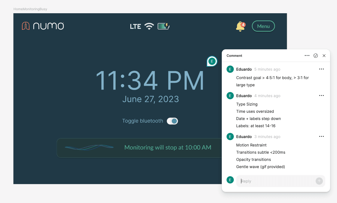 Annotated UI calling out contrast ratios, type sizing, focus states, and motion restraint
