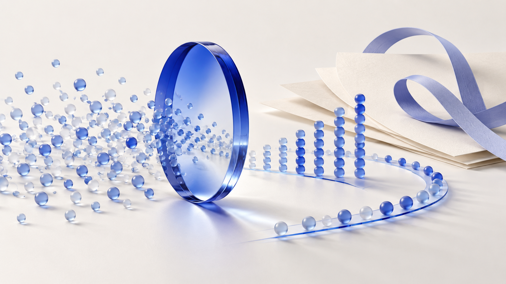 Conceptual illustration of a blue glass lens organizing scattered data into structured patterns