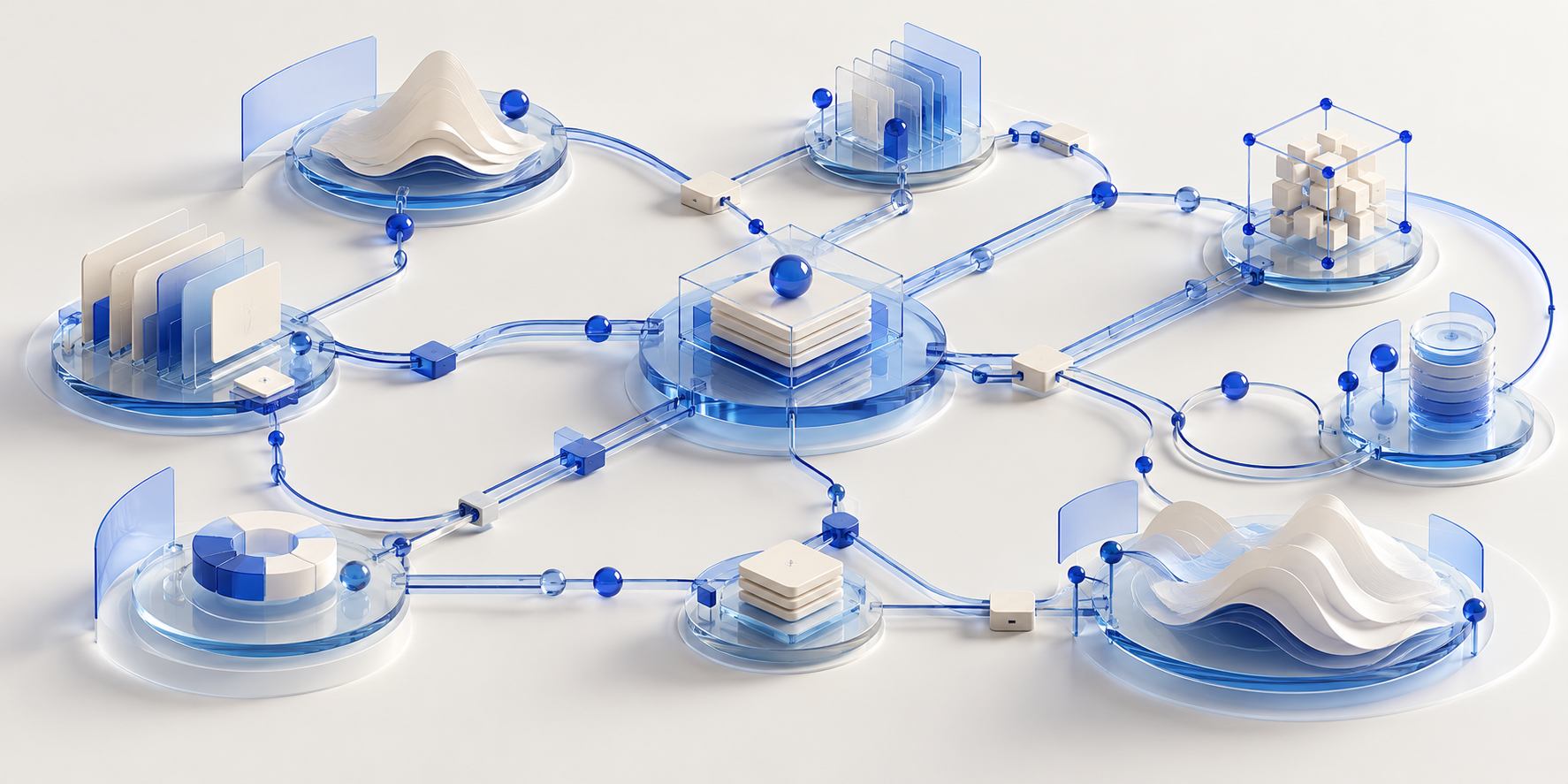 Conceptual illustration of blue glass modules connected by branching paths and feedback loops