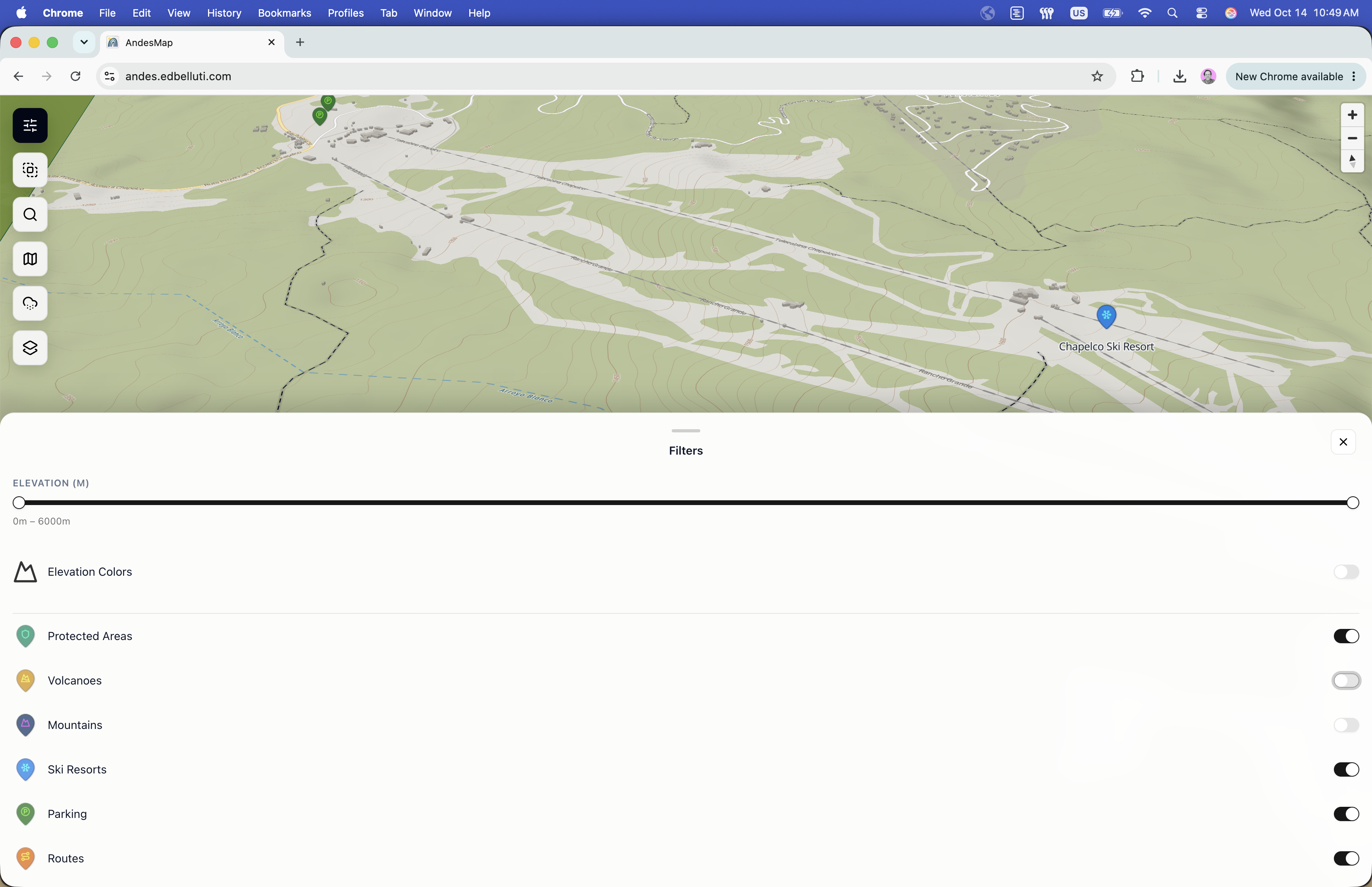 AndesMap detail view of Chapelco Ski Resort with an open filter panel for elevation, protected areas, volcanoes, mountains, ski resorts, parking, and routes