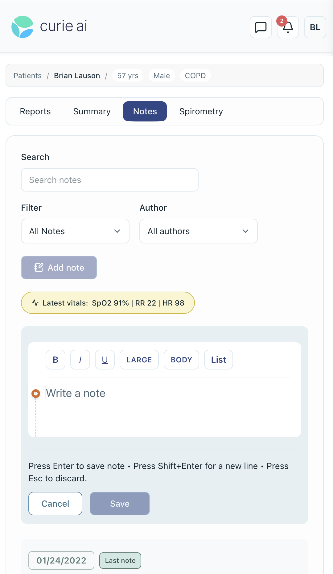 Mobile view of Curie AI clinical notes with patient context, note filters, latest vitals, and a note editor