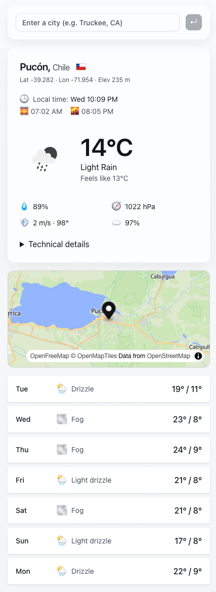 Tiempo city search and current weather in Pucón, Chile, with elevation, temperature, and conditions